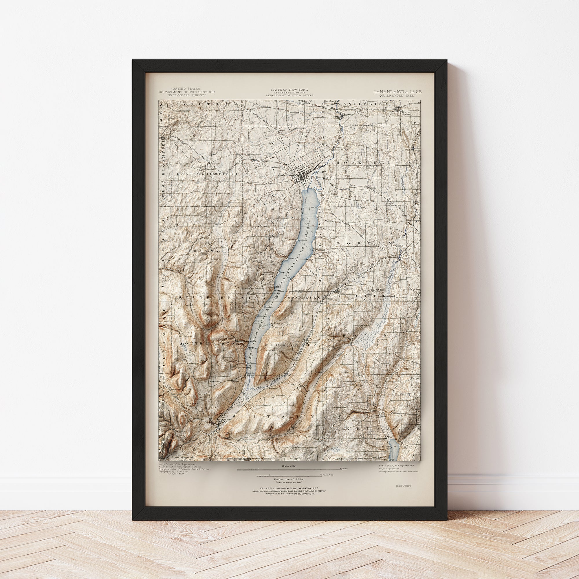 Canandaigua Lake, NY - Vintage Shaded Relief Map (1901)