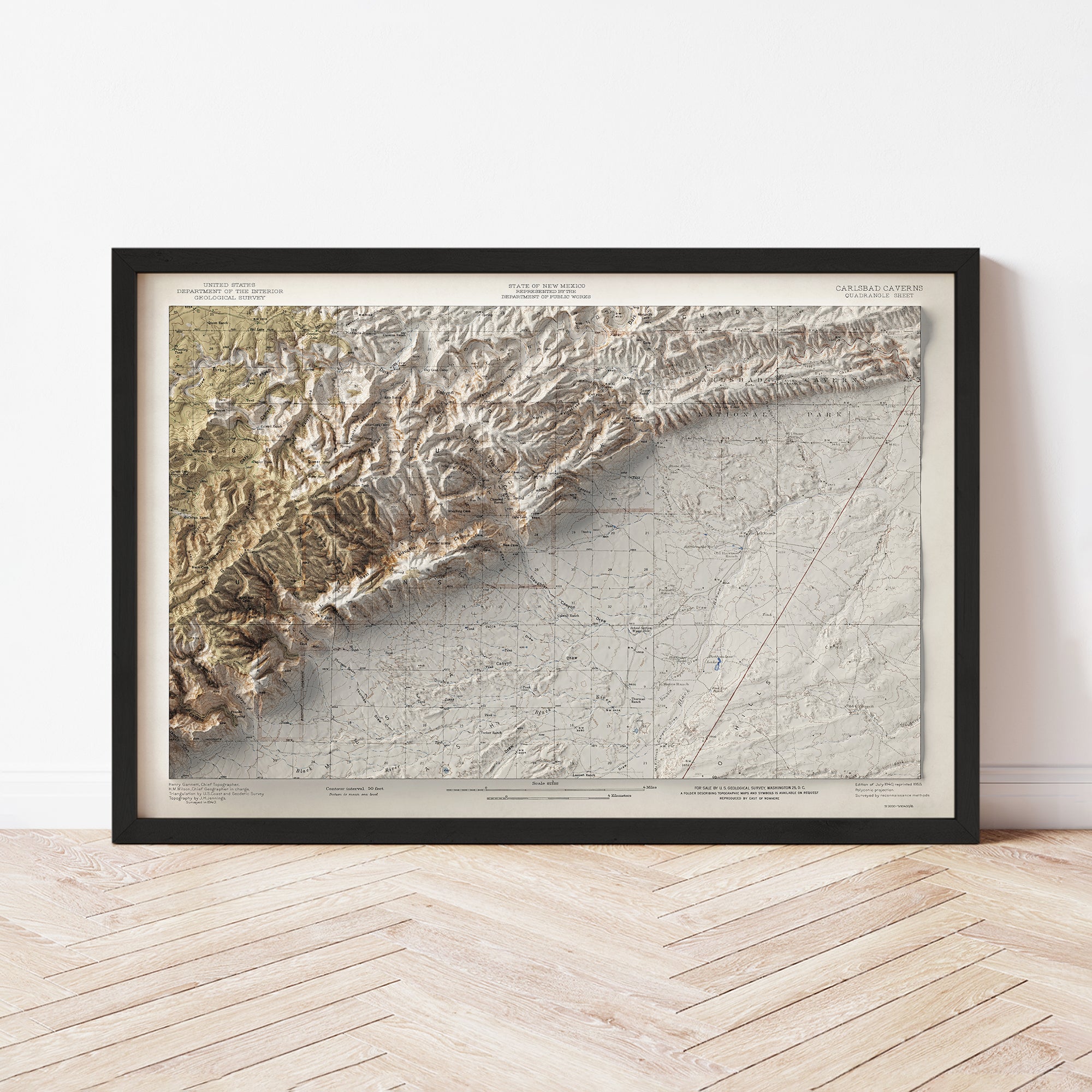 Carlsbad Canyons National Park, NM - Vintage Shaded Relief Map (1940)