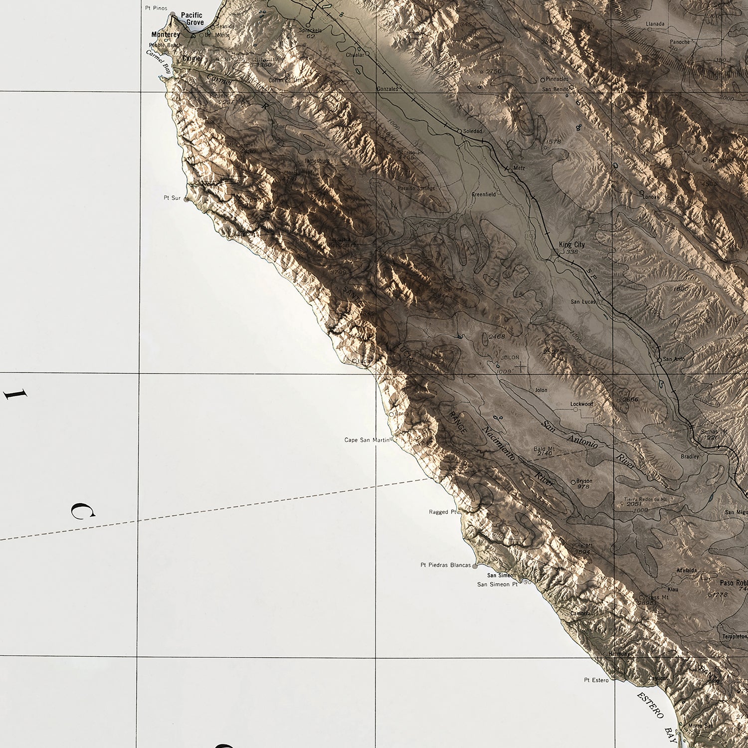 Central California Coast - Vintage Shaded Relief Map (1933)