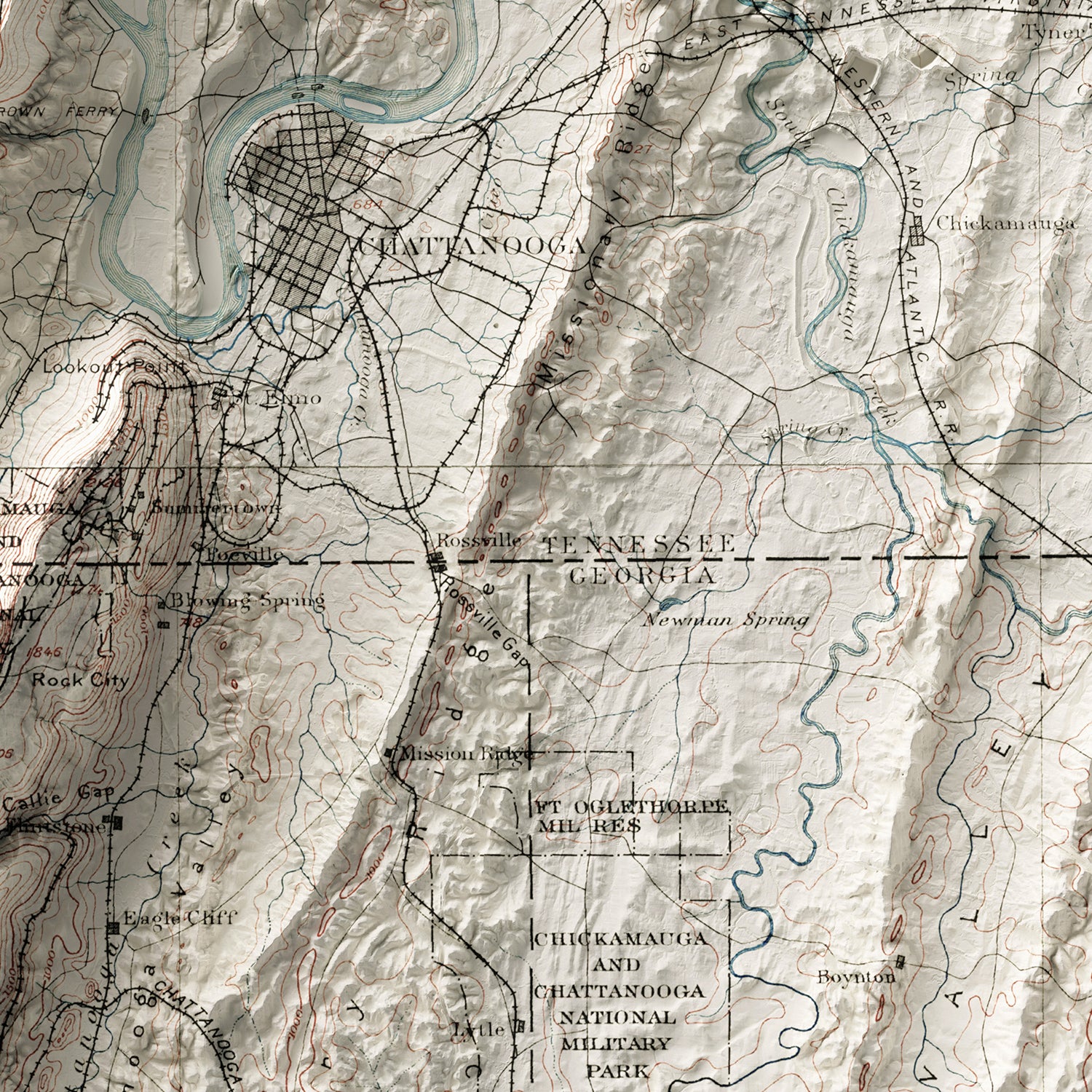 Chattanooga, TN - Vintage Shaded Relief Map (1892)