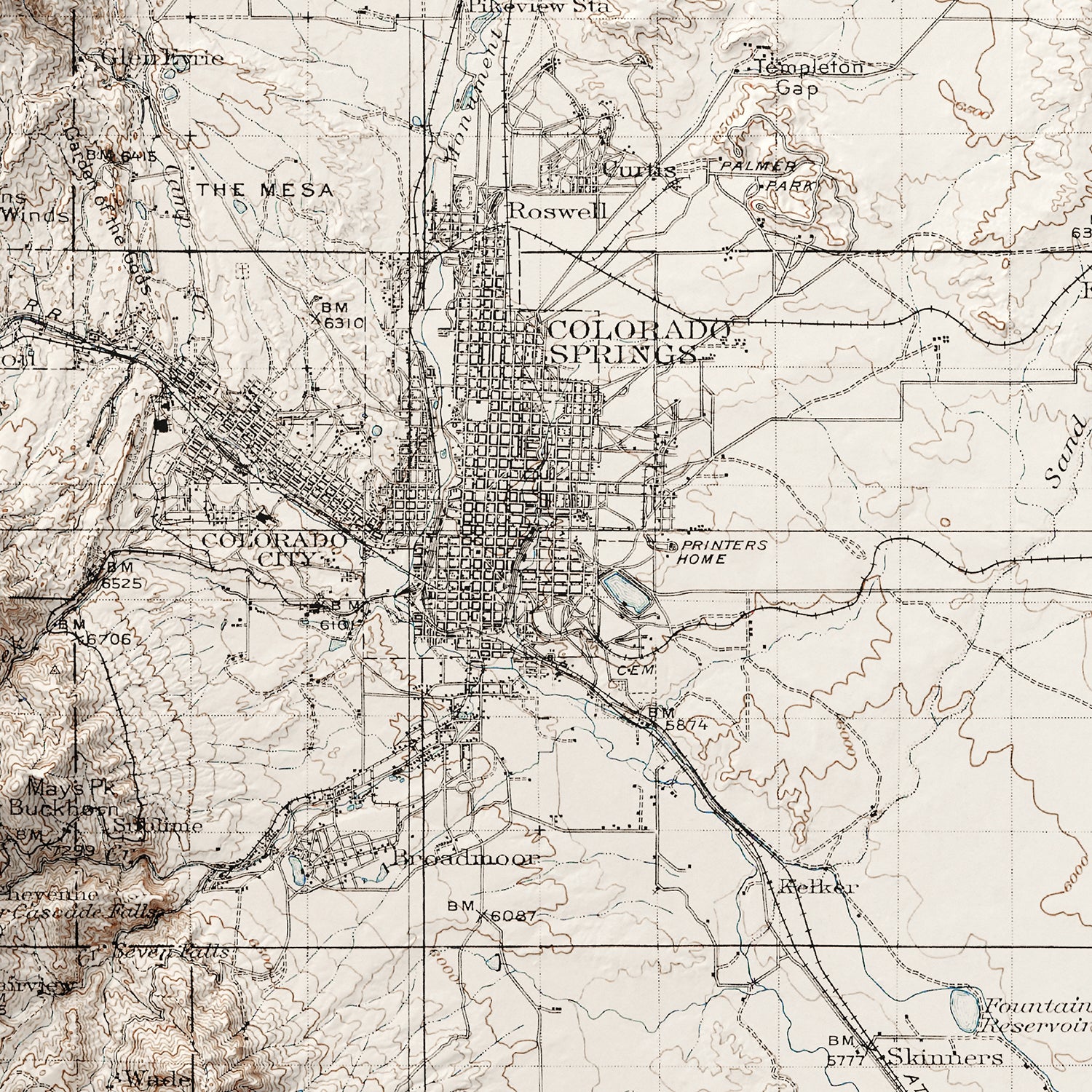 Colorado Springs, CO - Vintage Shaded Relief Map (1909)