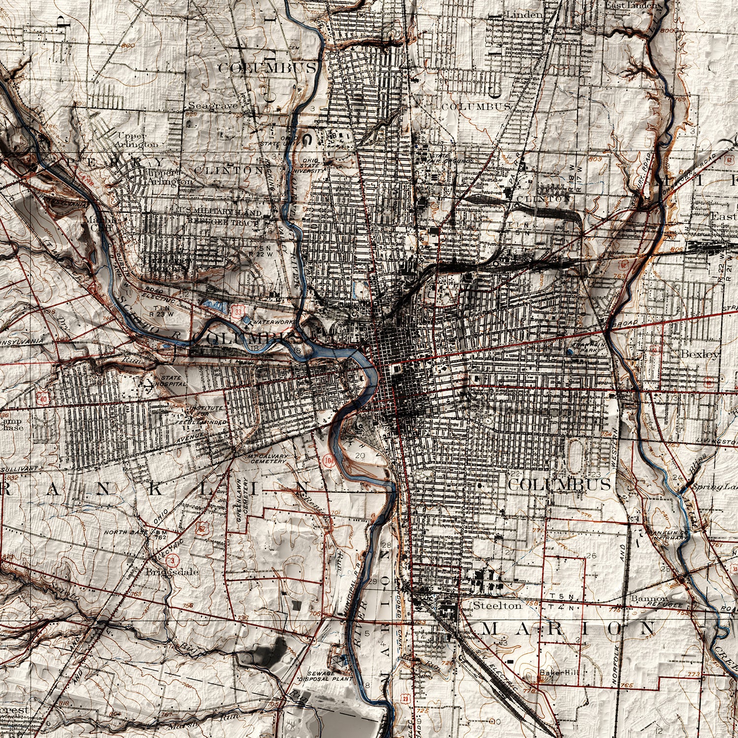 Columbus, OH - Vintage Shaded Relief Map (1925)