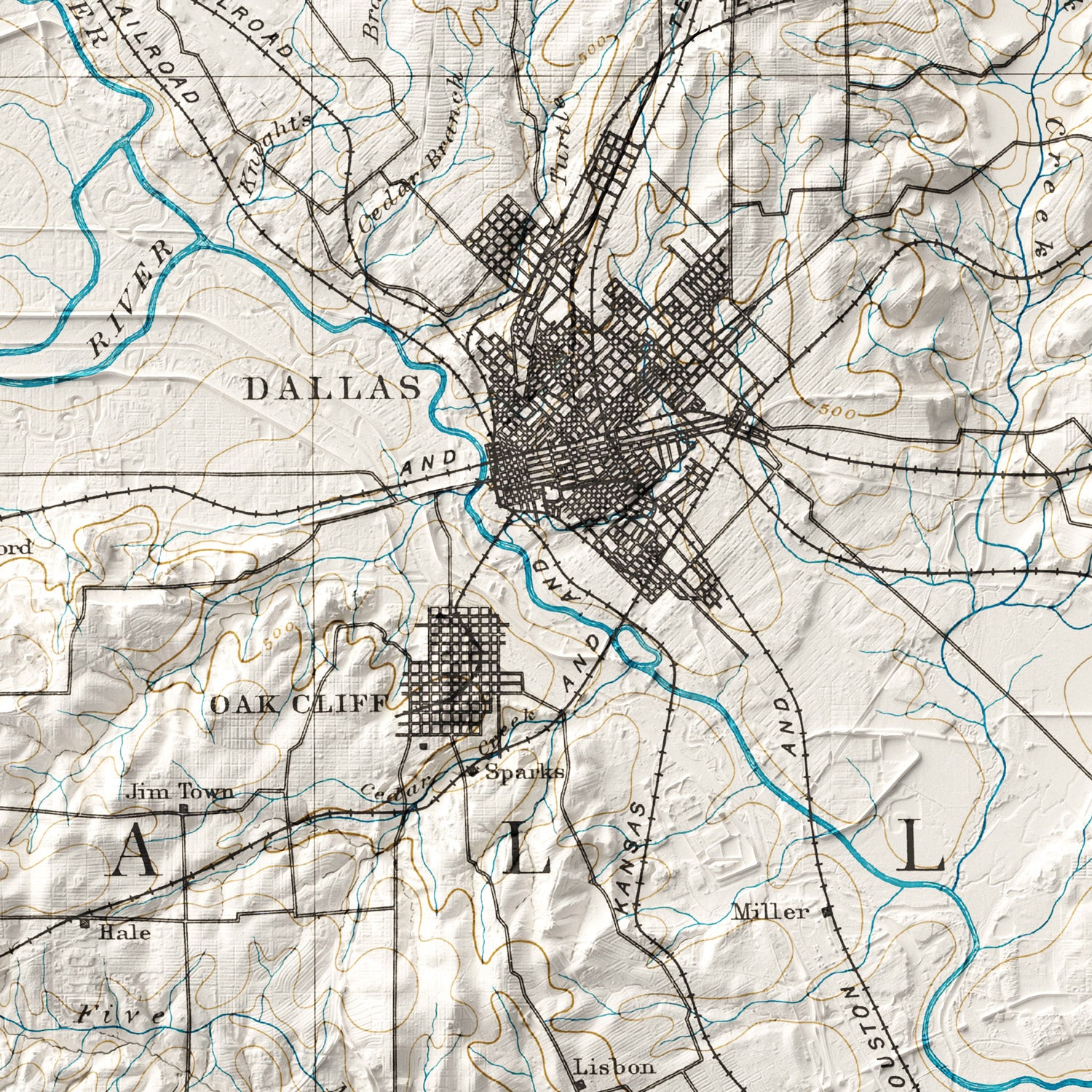 Dallas, TX - Vintage Shaded Relief Map (1893)