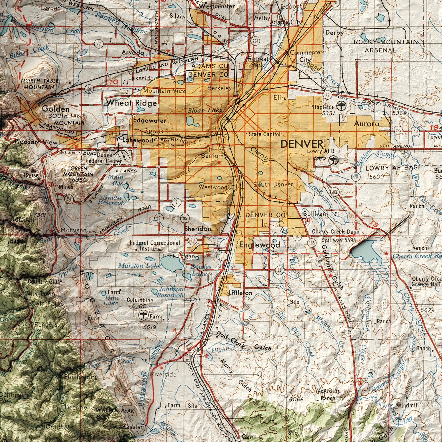 Denver, CO - Vintage Shaded Relief Map (1963)