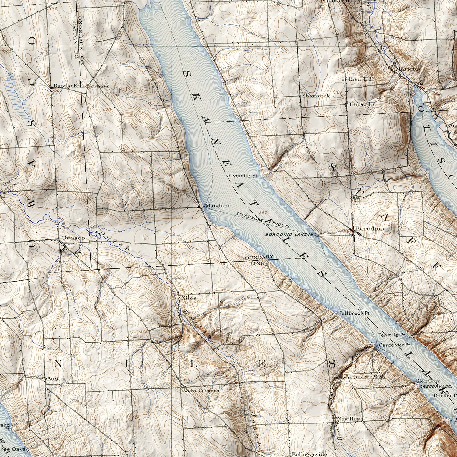 Eastern Finger Lakes, NY - Vintage Shaded Relief Map (1902)