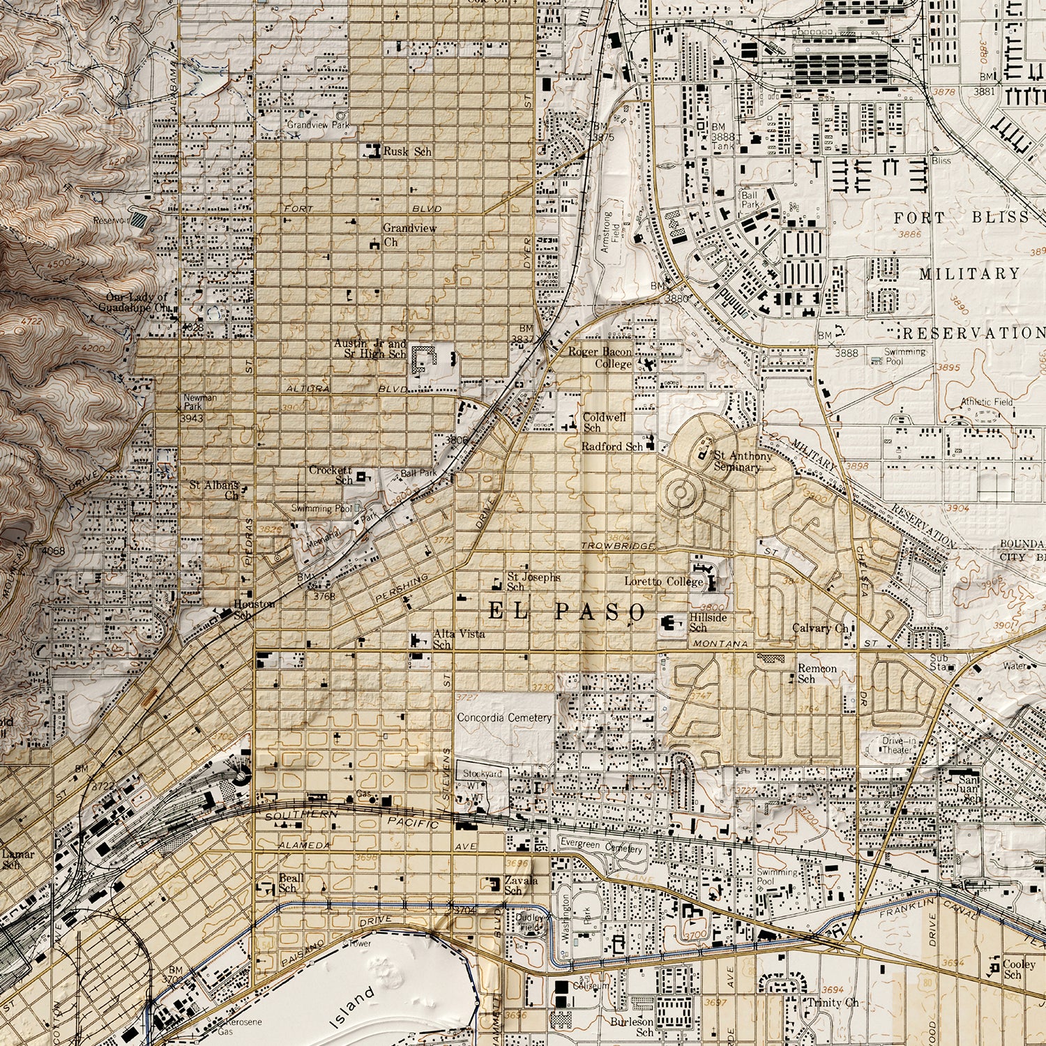 El Paso, TX - Vintage Shaded Relief Map (1955)
