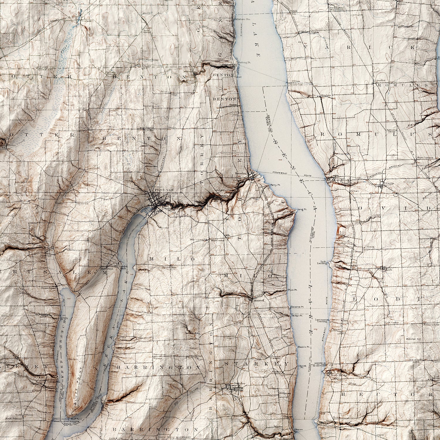The Finger Lakes, NY - Vintage Shaded Relief Map (1902)