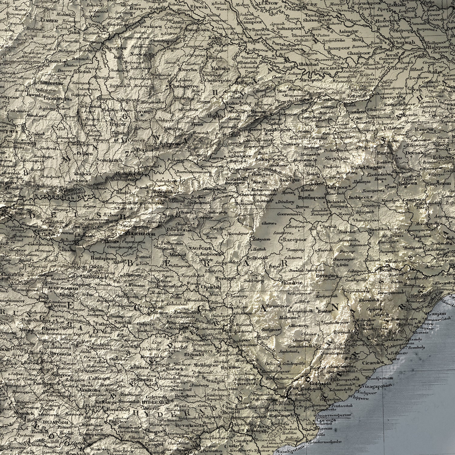 India - Vintage Shaded Relief Map (1843)