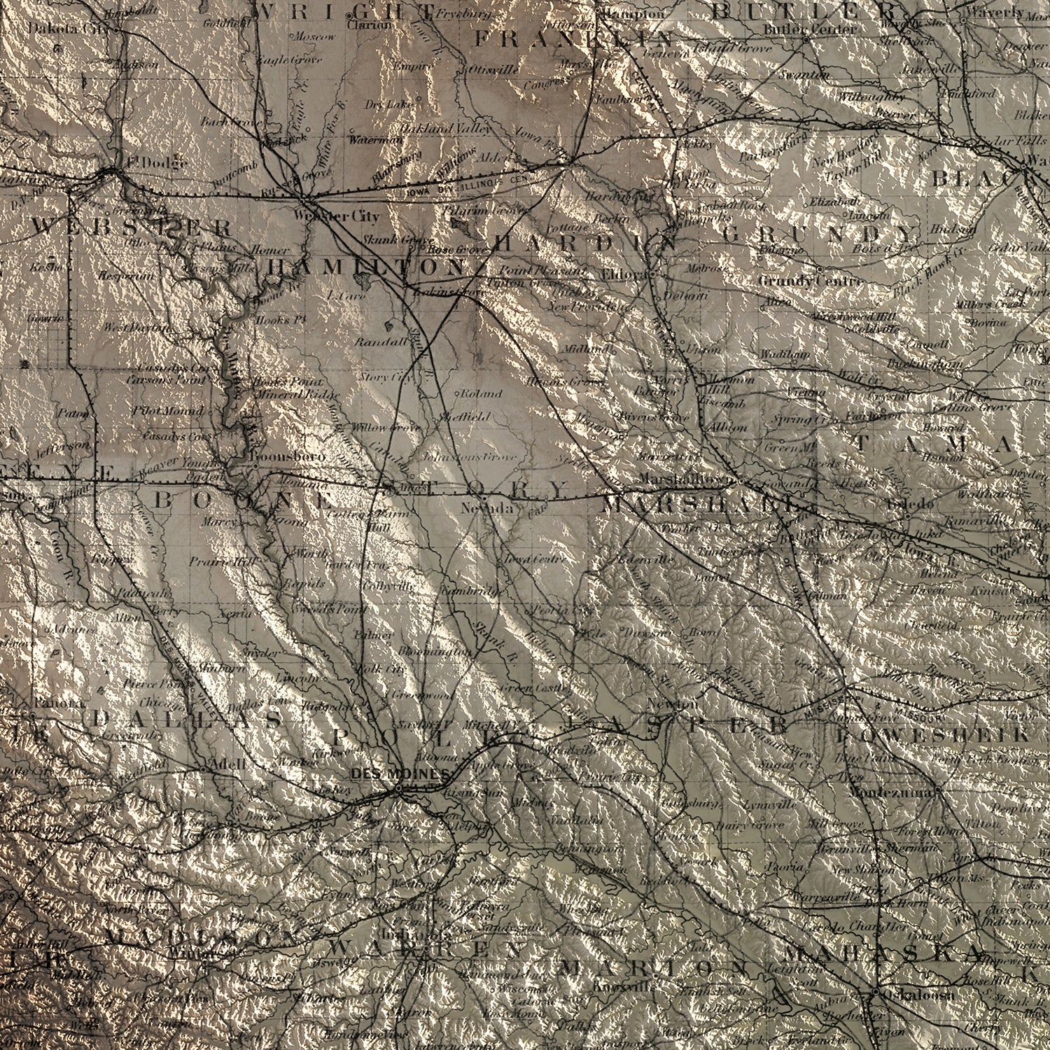 Iowa - Vintage Shaded Relief Map (1874)