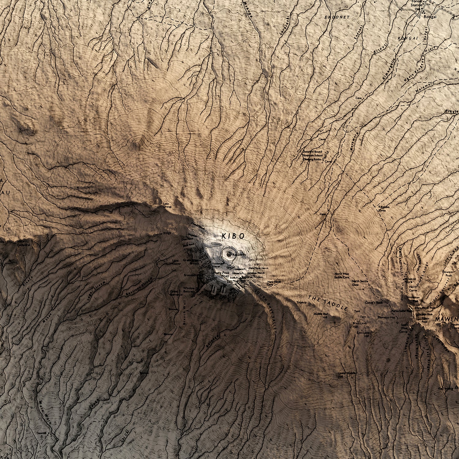 Mount Kilimanjaro - Vintage Shaded Relief Map (1965)