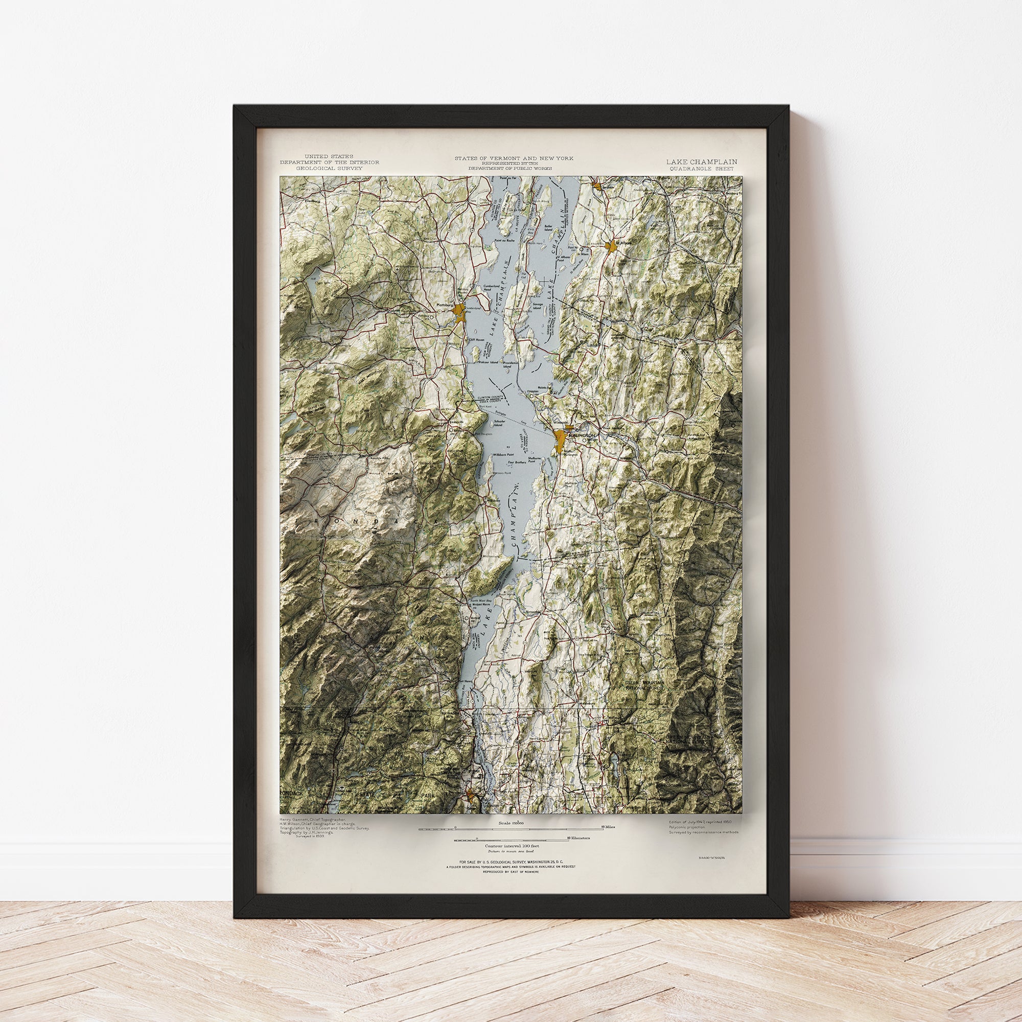 Lake Champlain - Vintage Shaded Relief Map (1947)