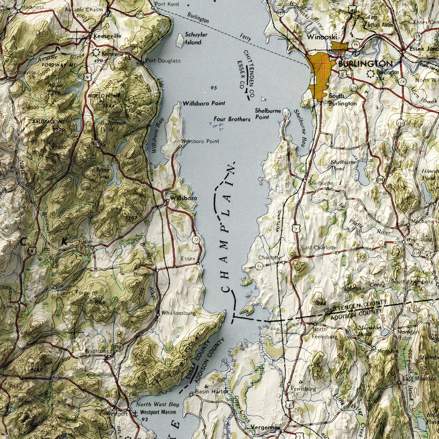 Lake Champlain - Vintage Shaded Relief Map (1947)