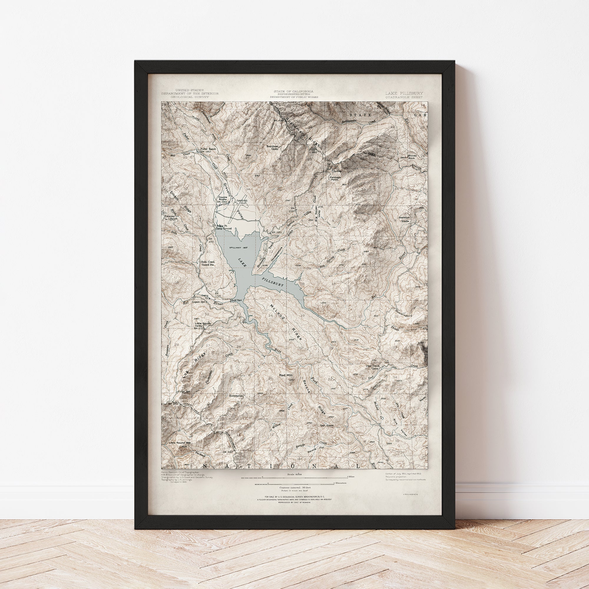 Lake Pillsbury, CA - Vintage Shaded Relief Map (1951)