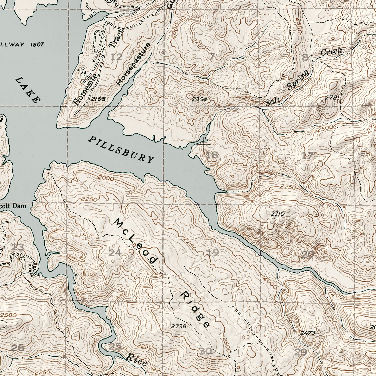 Lake Pillsbury, CA - Vintage Shaded Relief Map (1951)
