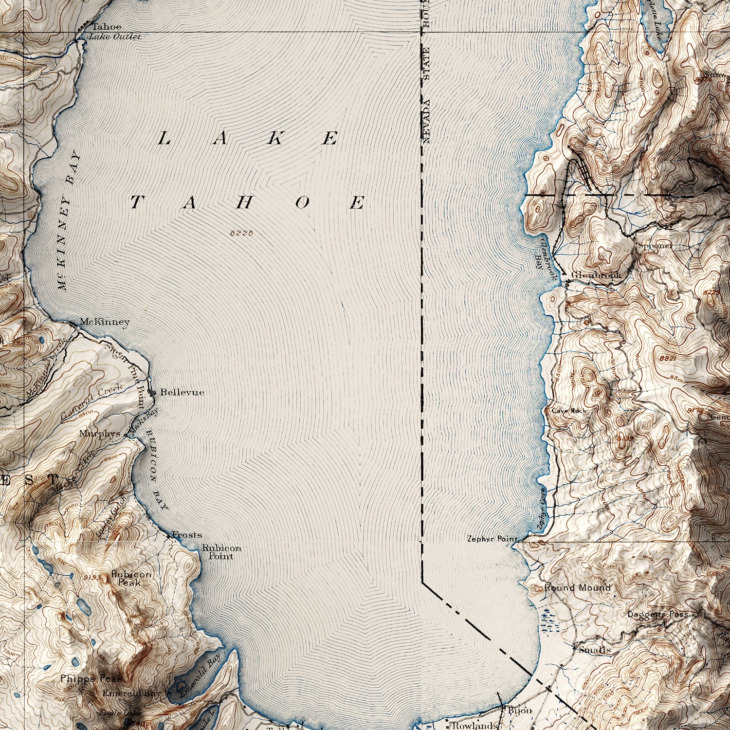 Lake Tahoe - Vintage Shaded Relief Map (1896)
