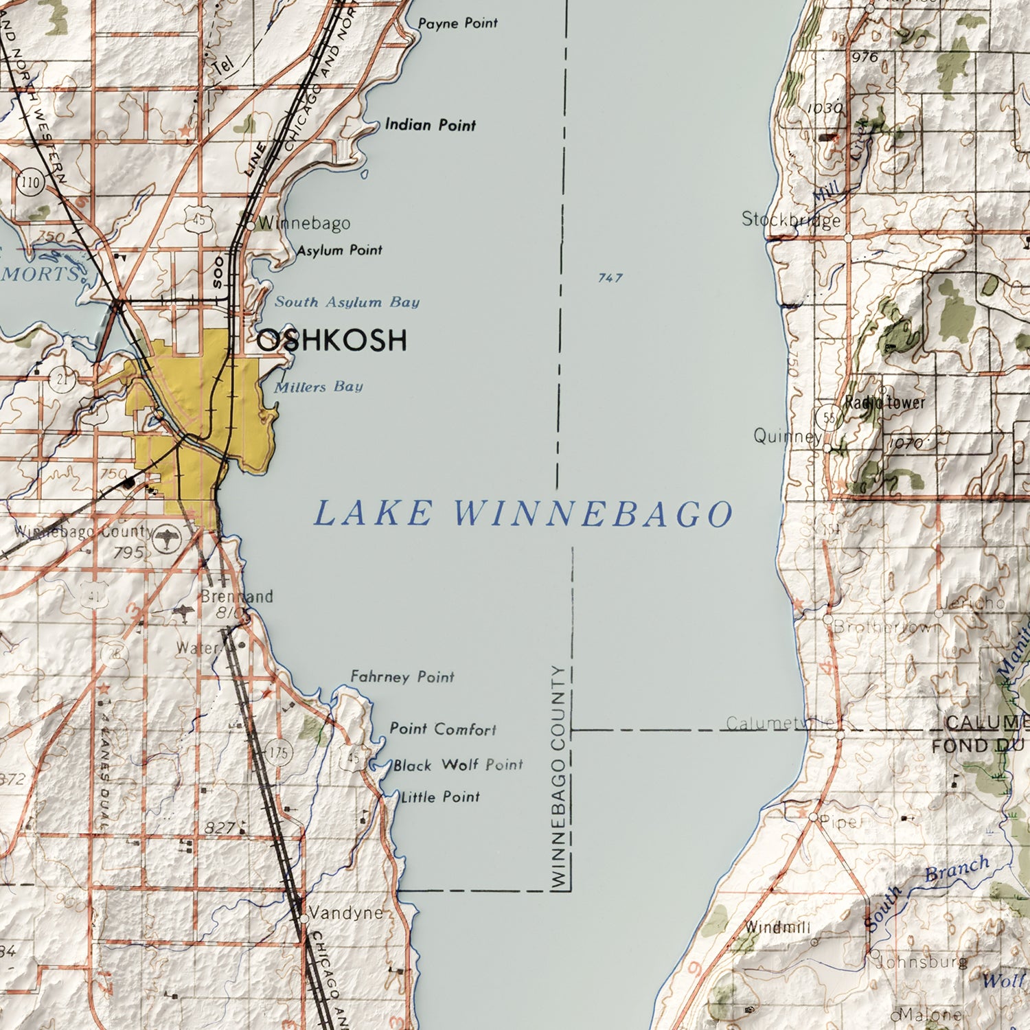 Lake Winnebago - Vintage Shaded Relief Map (1957)