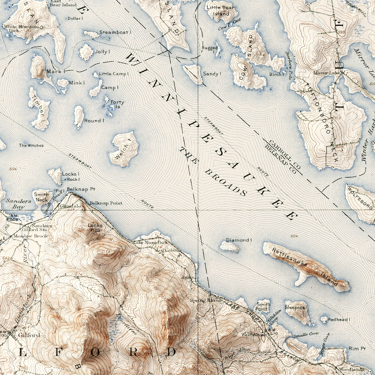 Lake Winnipesaukee, NH - Vintage Shaded Relief Map (1909)