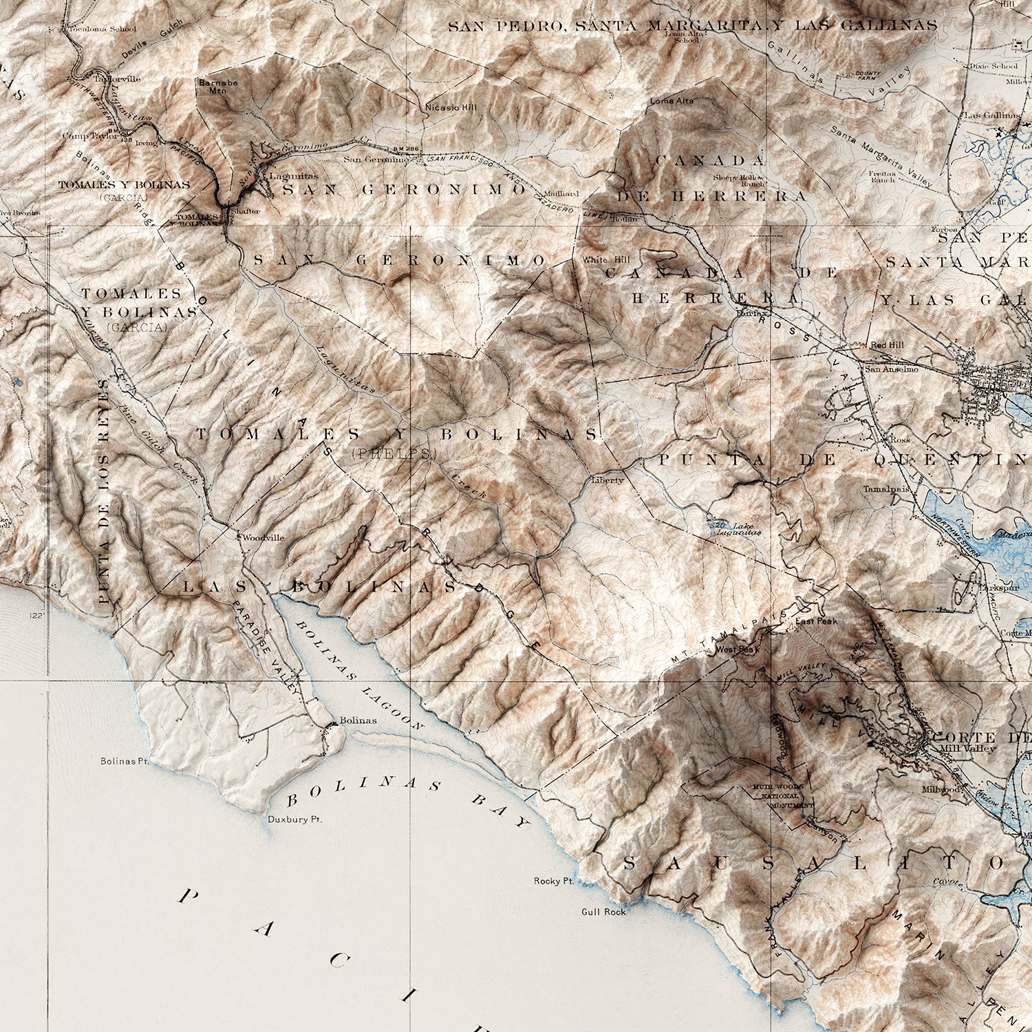 Southern Marin County, CA - Vintage Shaded Relief Map (1915)