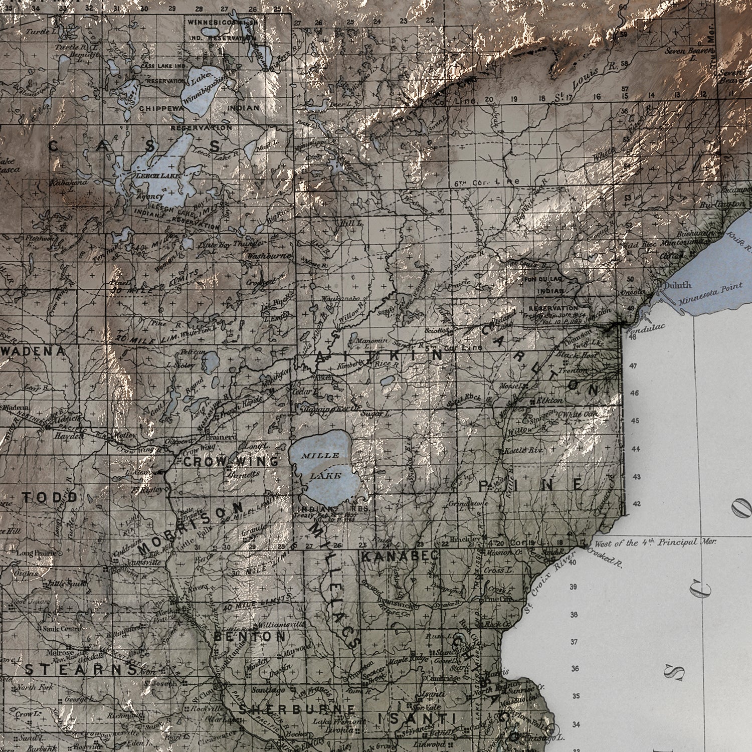 Minnesota - Vintage Shaded Relief Map (1876)