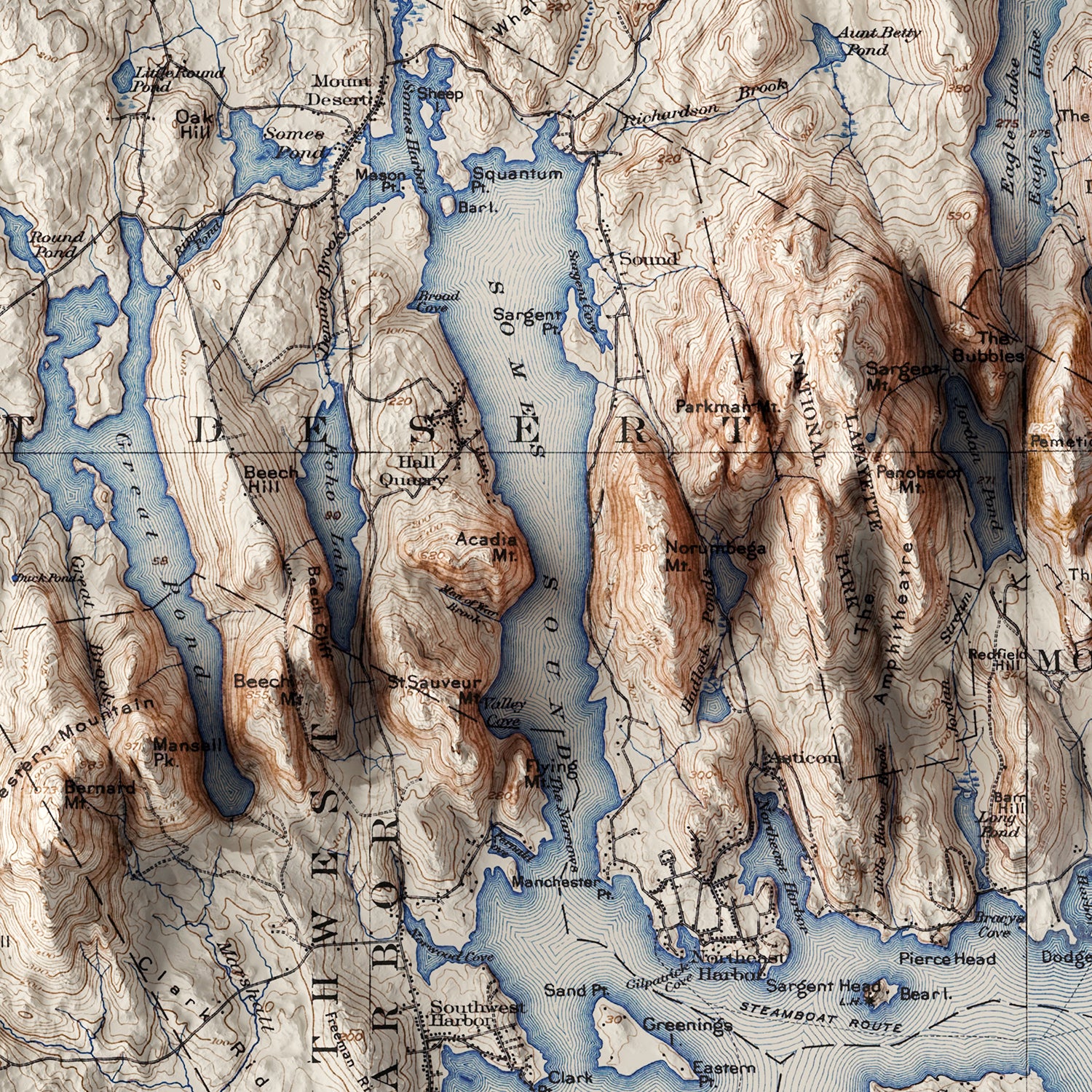 Mount Desert Island, ME - Vintage Shaded Relief Map (1904)