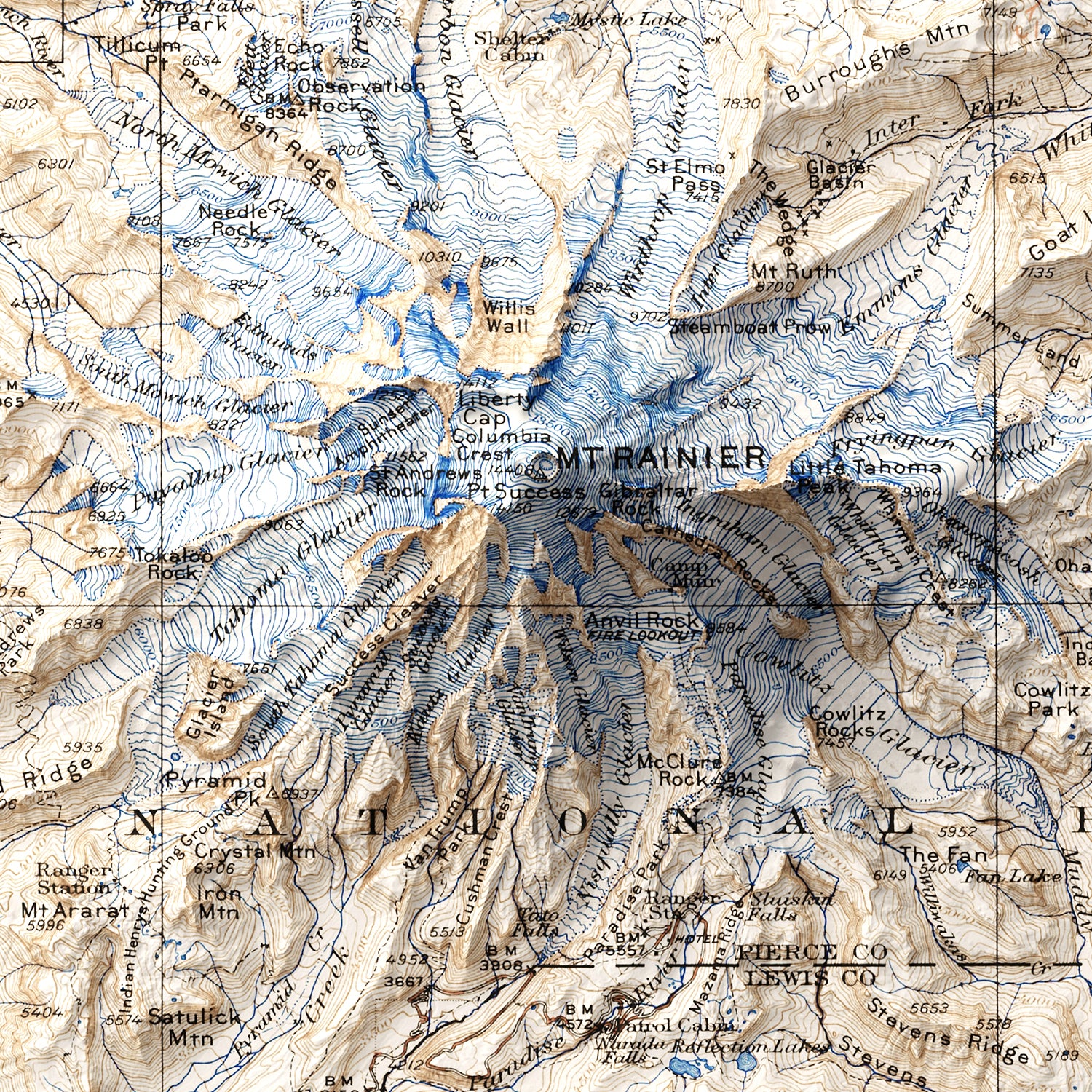 Mount Rainier, WA - Vintage Shaded Relief Map (1924)