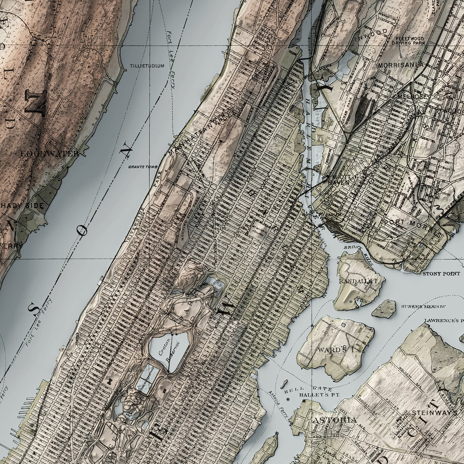 New York County, NY - Vintage Shaded Relief Map (1893)