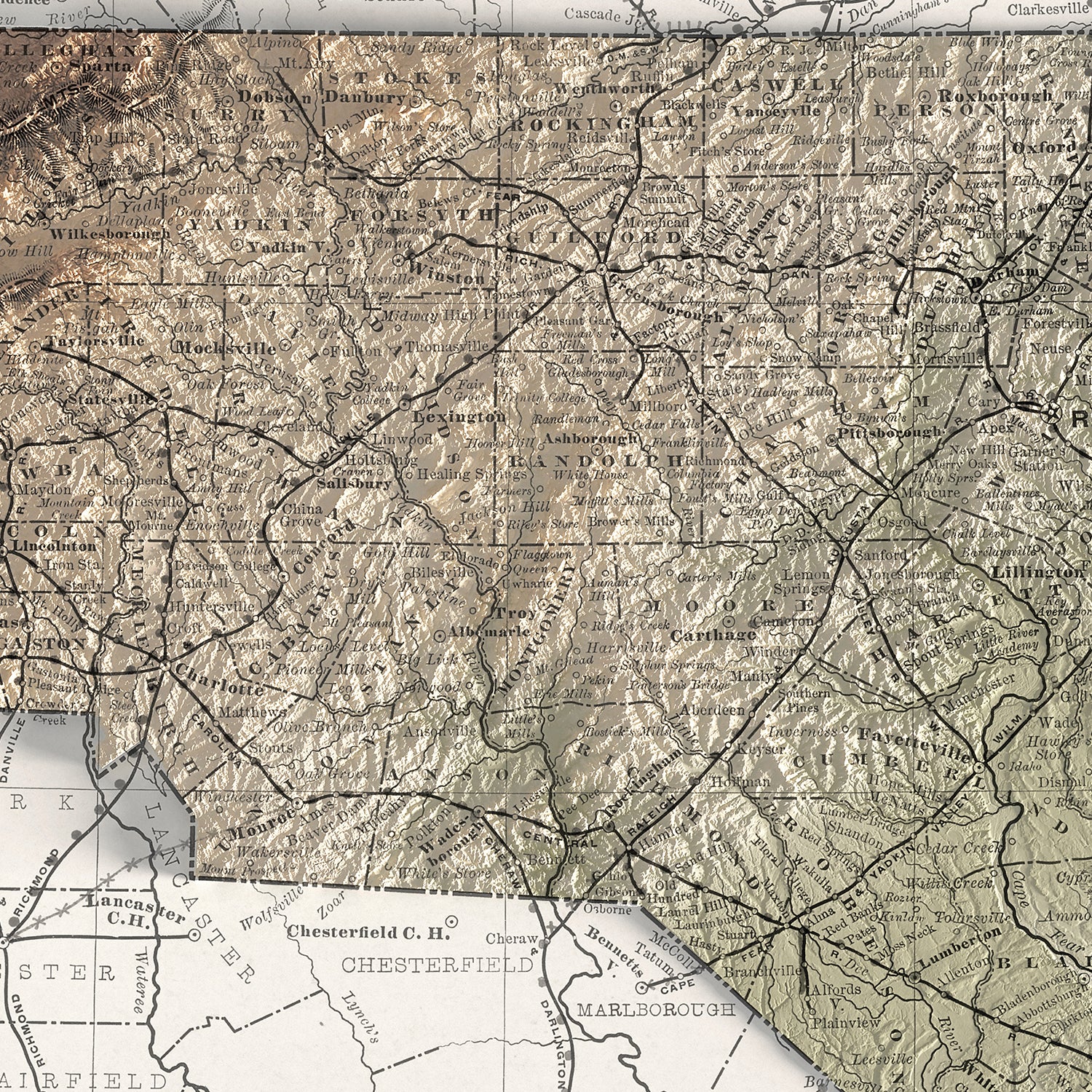 North Carolina - Vintage Shaded Relief Map (1889)