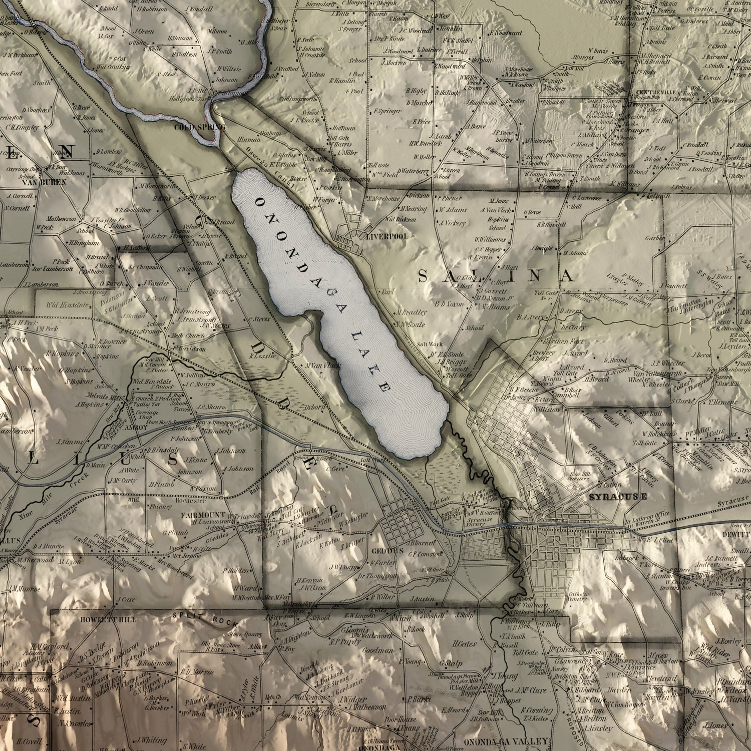 Onondaga County - Vintage Shaded Relief Map (1852)