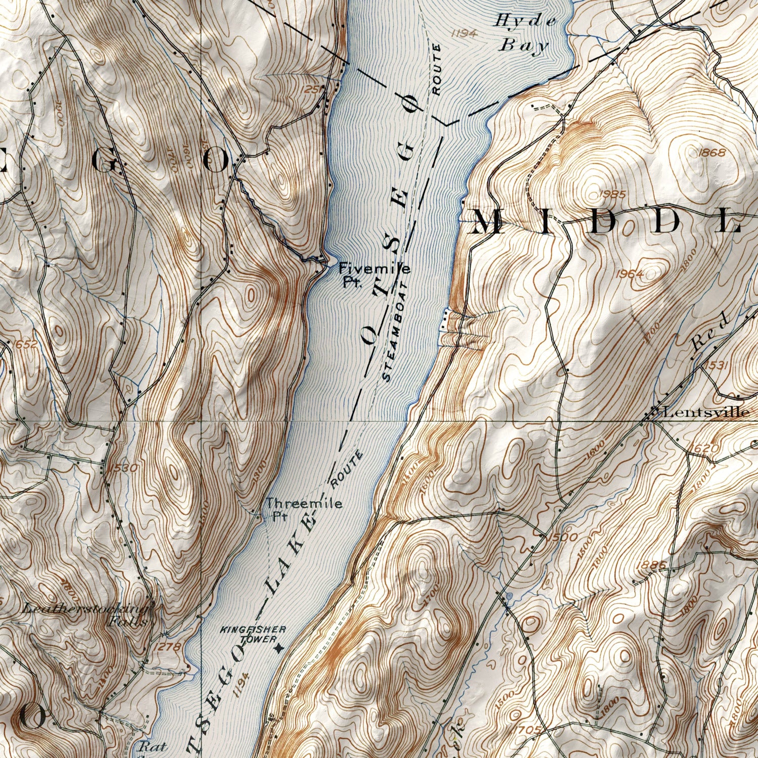 Otsego Lake - Vintage Shaded Relief Map (1909)