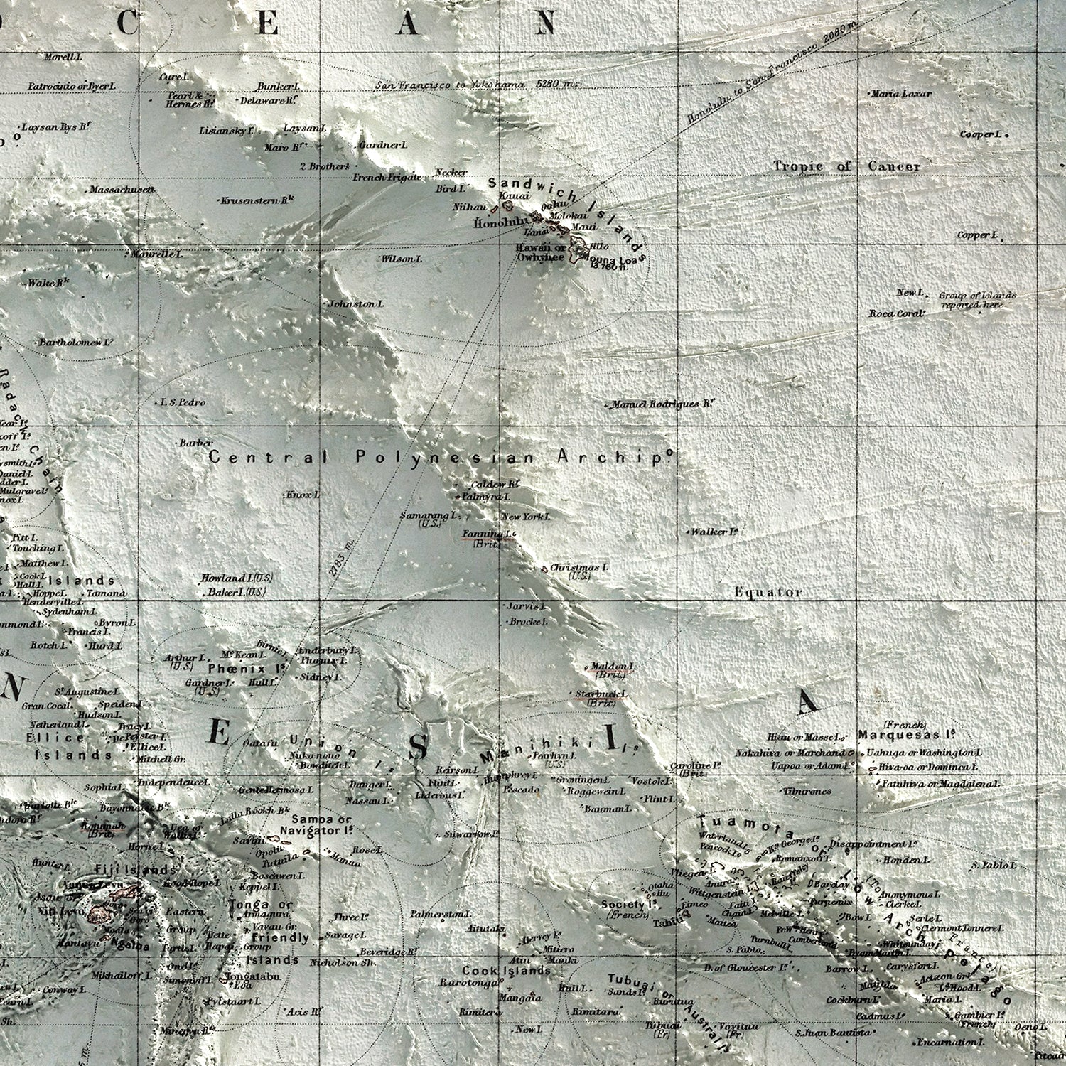 Pacific Ocean - Vintage Shaded Relief Map (1884)
