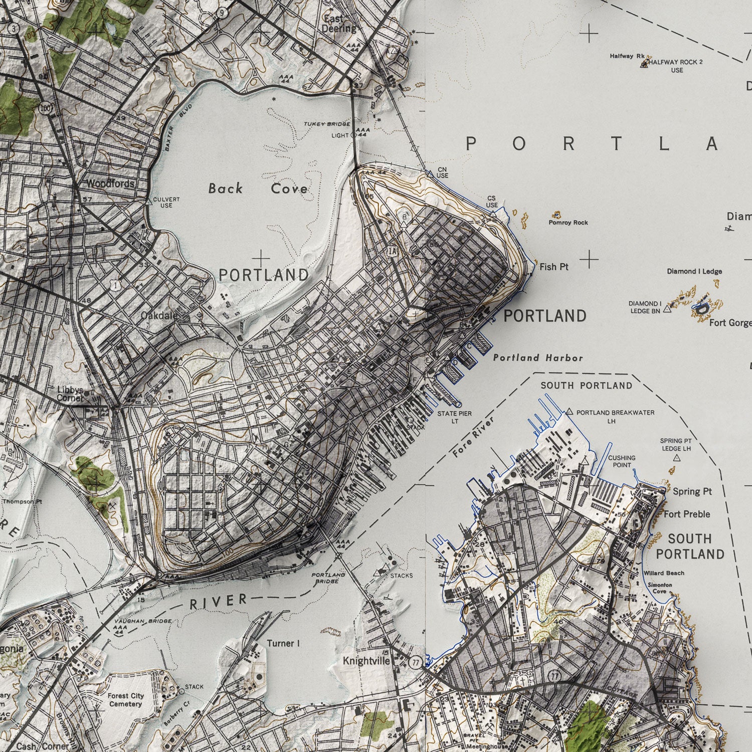 Portland, ME - Vintage Shaded Relief Map (1944)