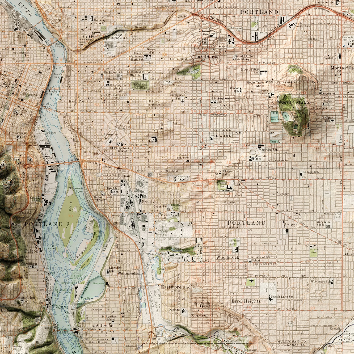 Portland, OR - Vintage Shaded Relief Map (1954)