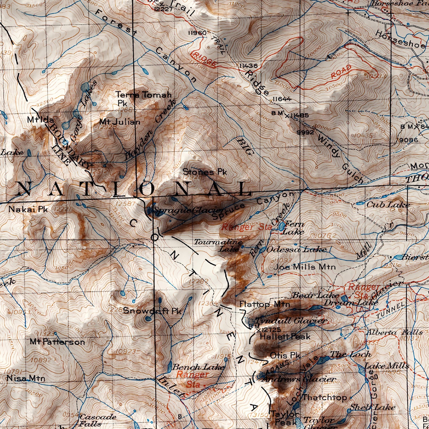 Rocky Mountain National Park, CO - Vintage Shaded Relief Map (1919)