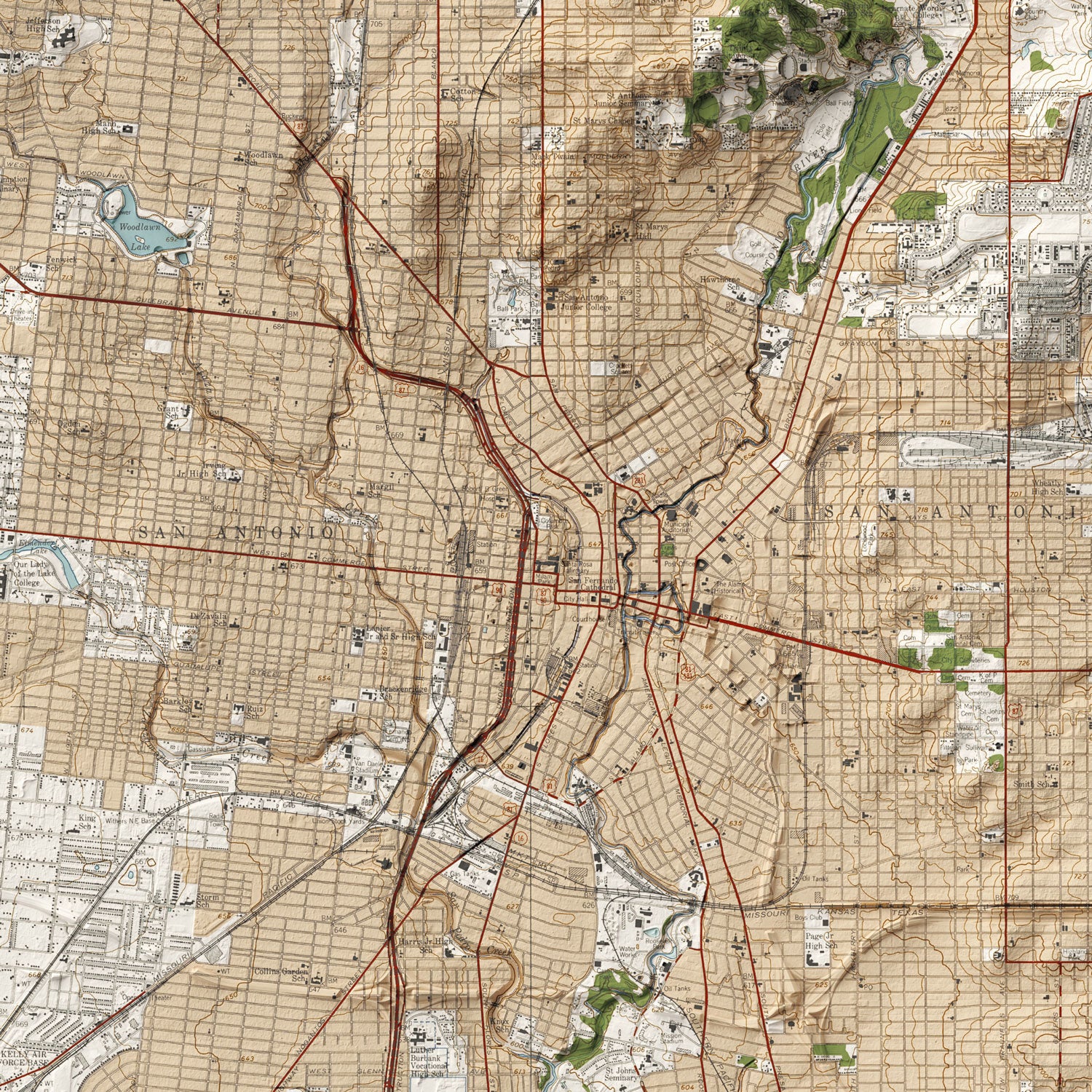 San Antonio, TX - Vintage Shaded Relief Map (1953)