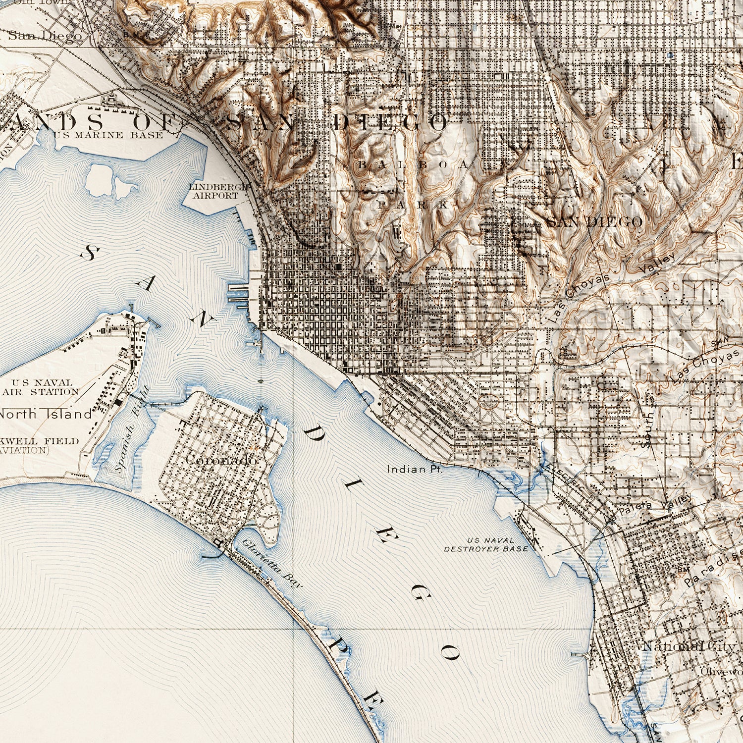 San Diego, CA - Vintage Shaded Relief Map (1904)