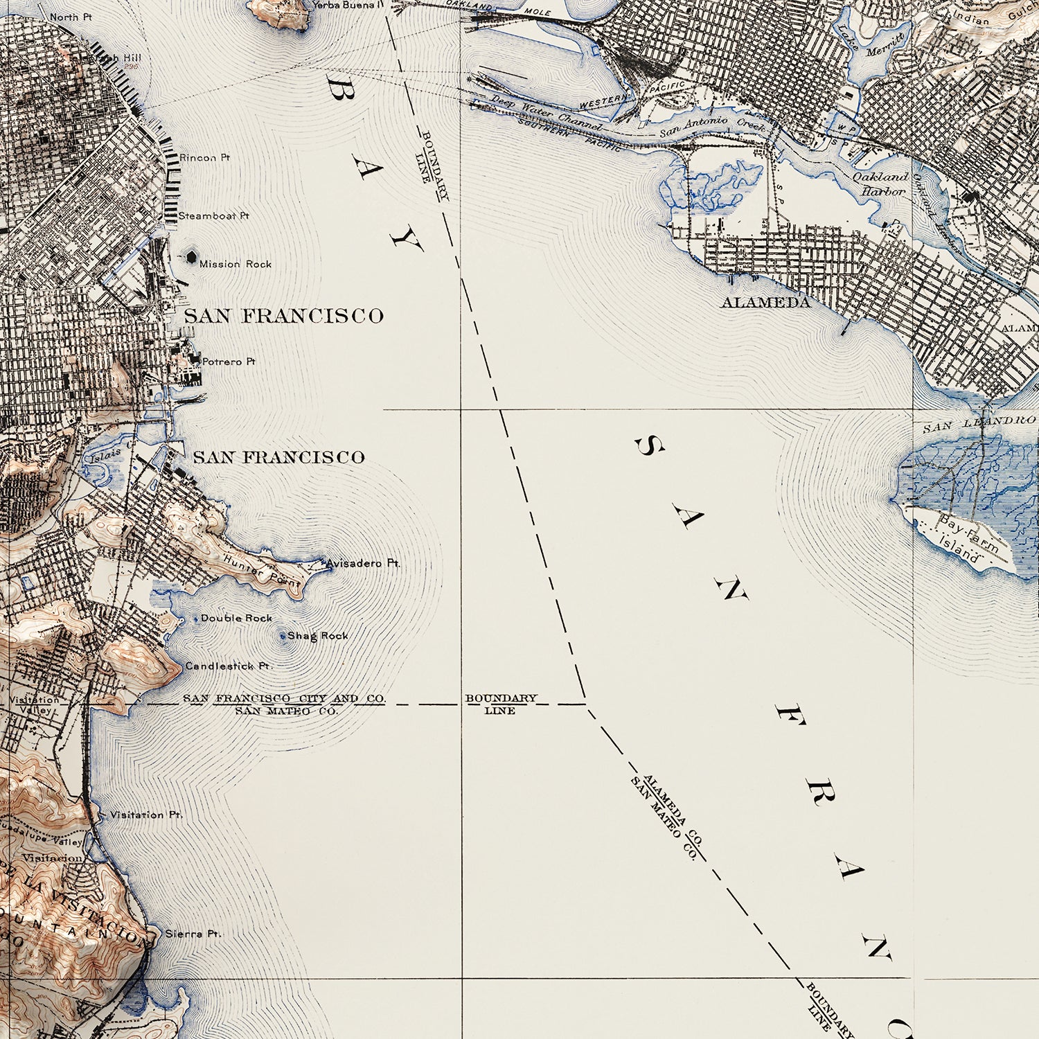 San Francisco Bay, CA - Vintage Shaded Relief Map (1915)