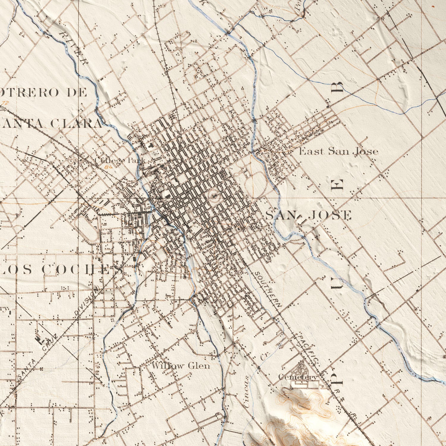 San Jose, CA - Vintage Shaded Relief Map (1899)