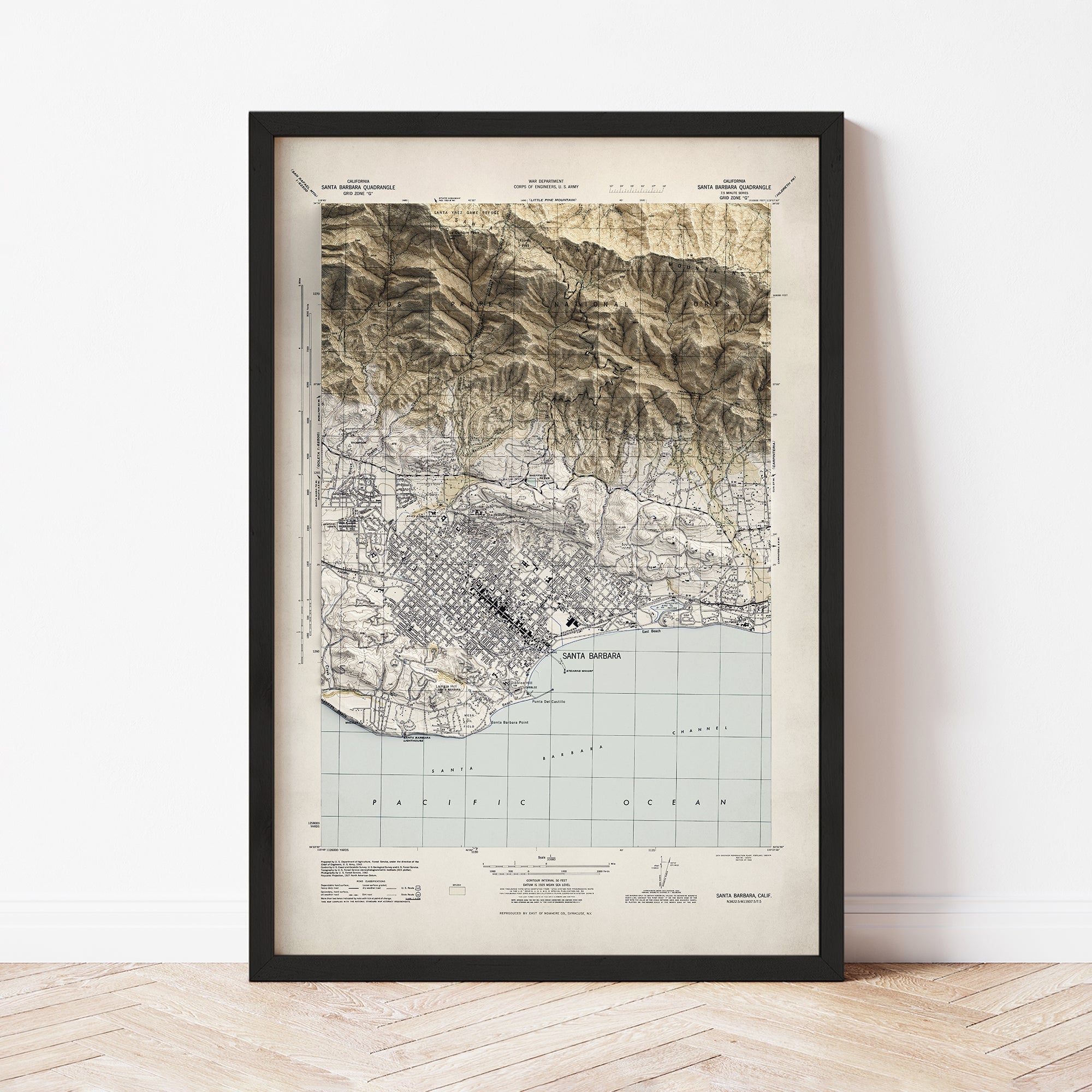 Santa Barbara, CA - Vintage Shaded Relief Map (1944)