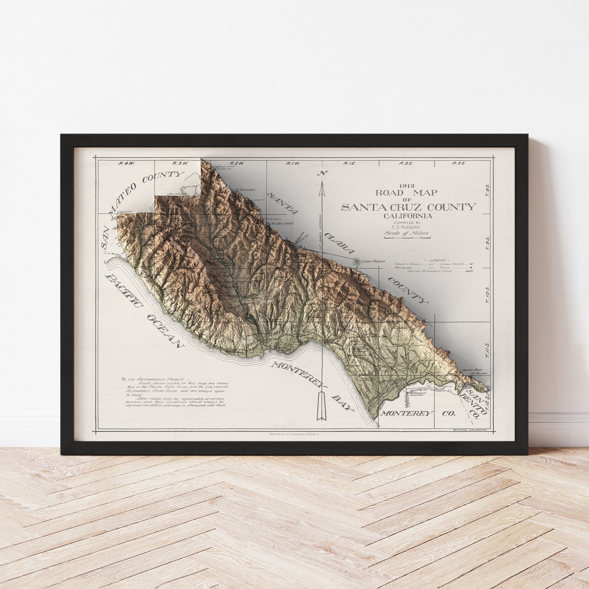 Santa Cruz County, CA - Vintage Shaded Relief Map (1913)