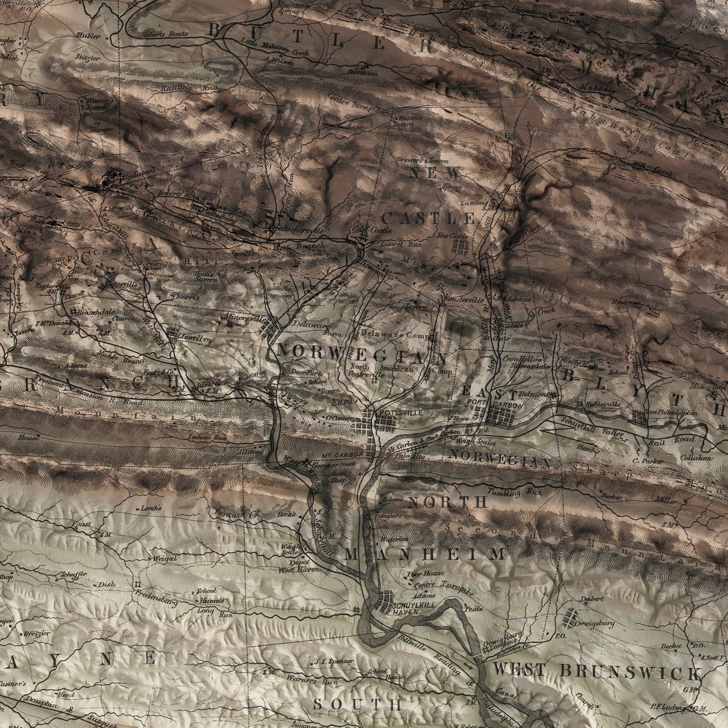 Schuylkill County, PA - Vintage Shaded Relief Map (1855)