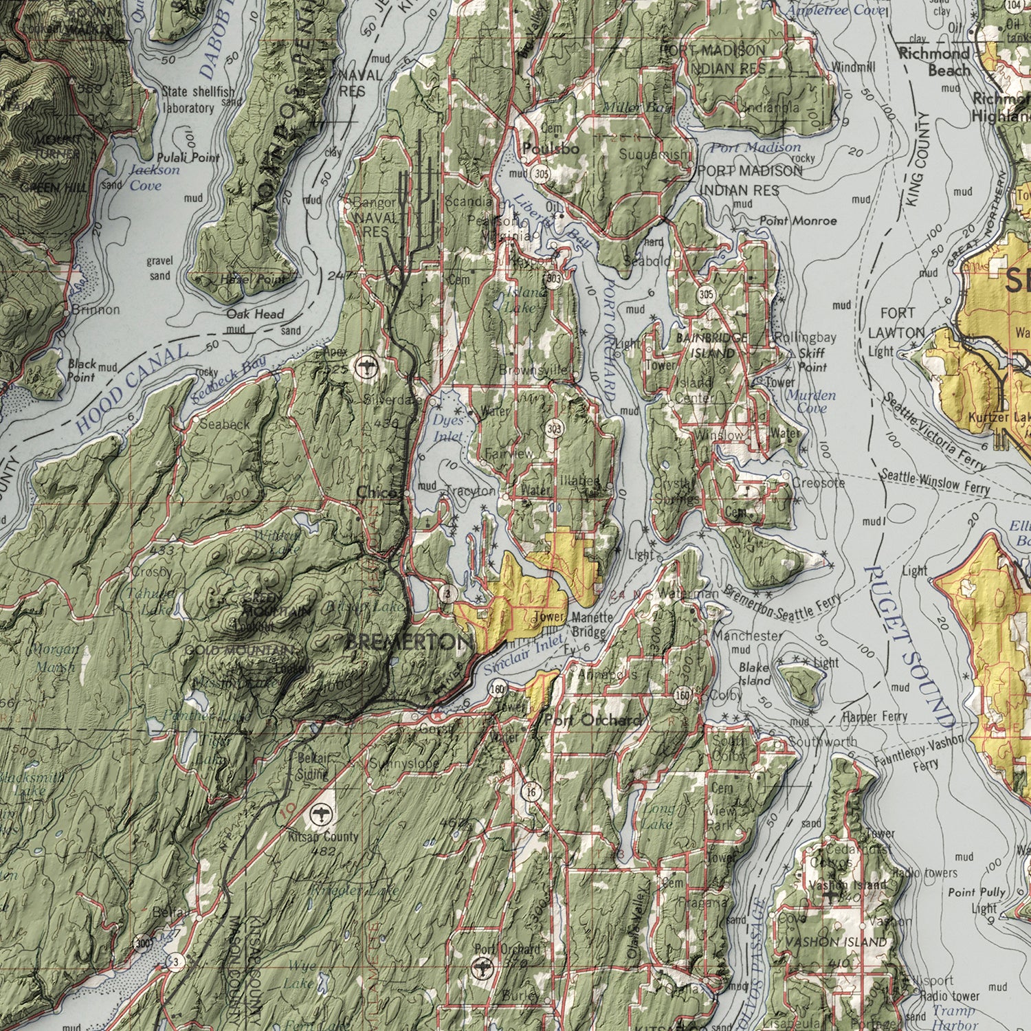 Seattle, WA - Vintage Shaded Relief Map (1965)