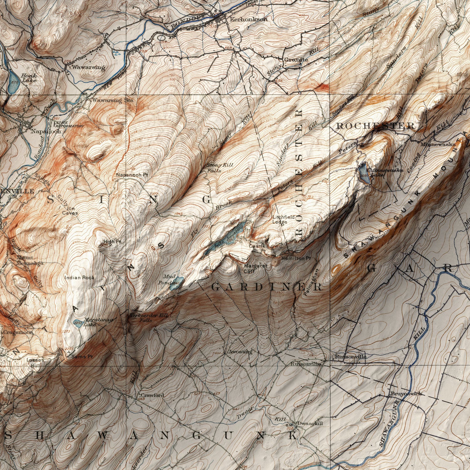 Shawangunk Mountains - Vintage Shaded Relief Map (1904)