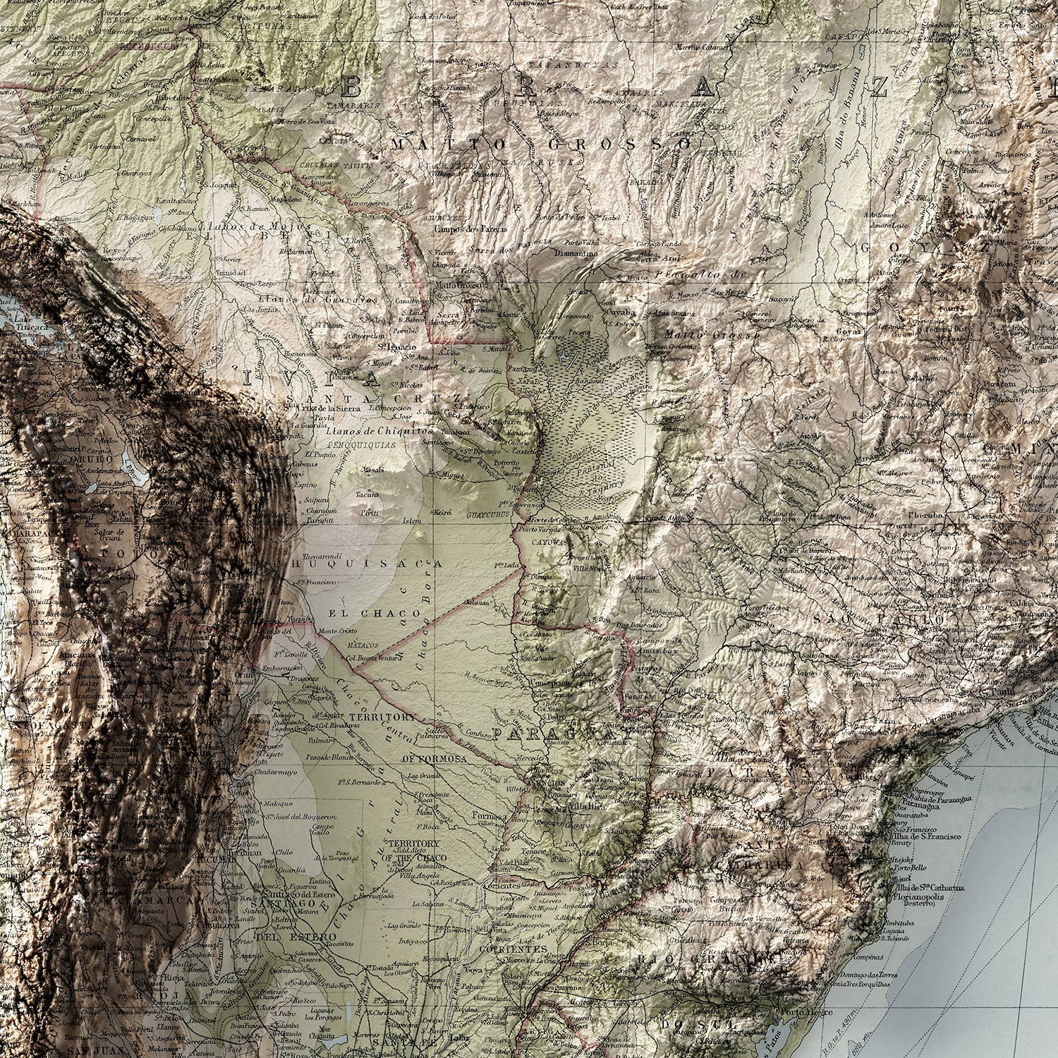 South America - Vintage Shaded Relief Map (1922)
