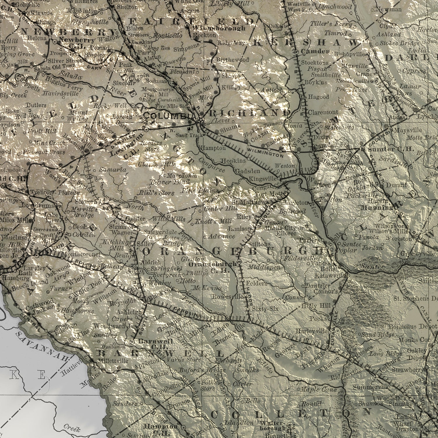 South Carolina - Vintage Shaded Relief Map (1889)