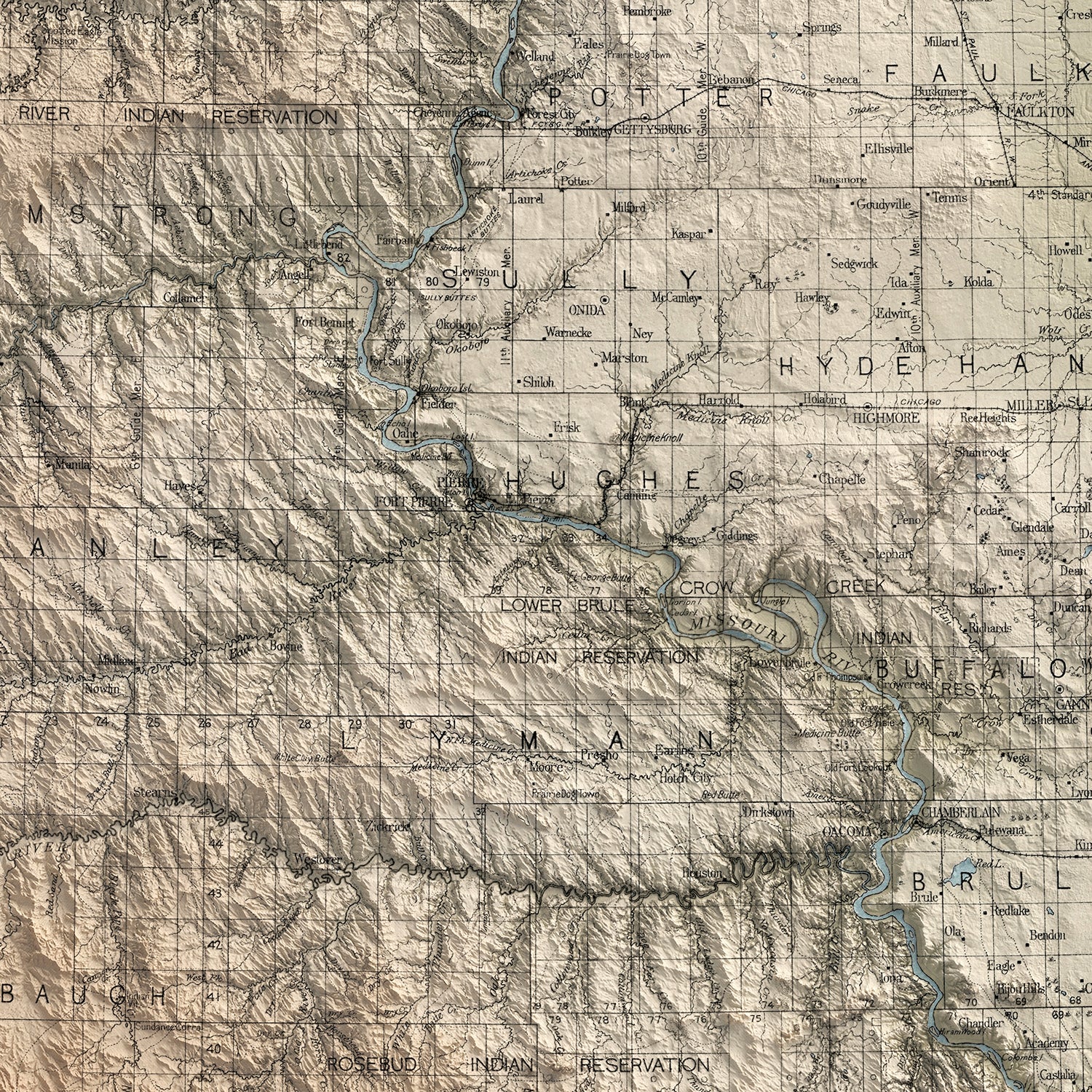 South Dakota - Vintage Shaded Relief Map (1901)