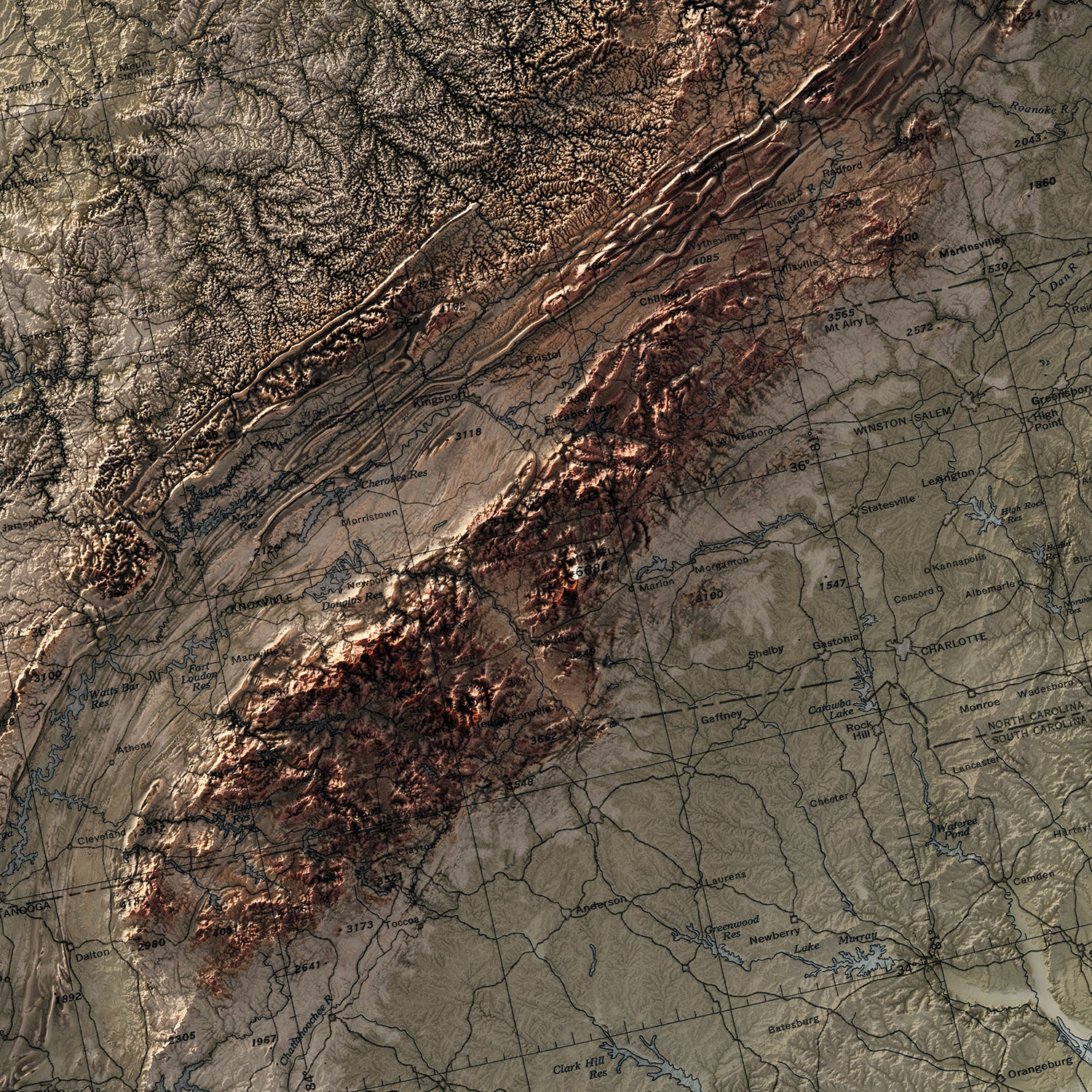 Southern Appalachian Mountains - Vintage Shaded Relief Map (1953)