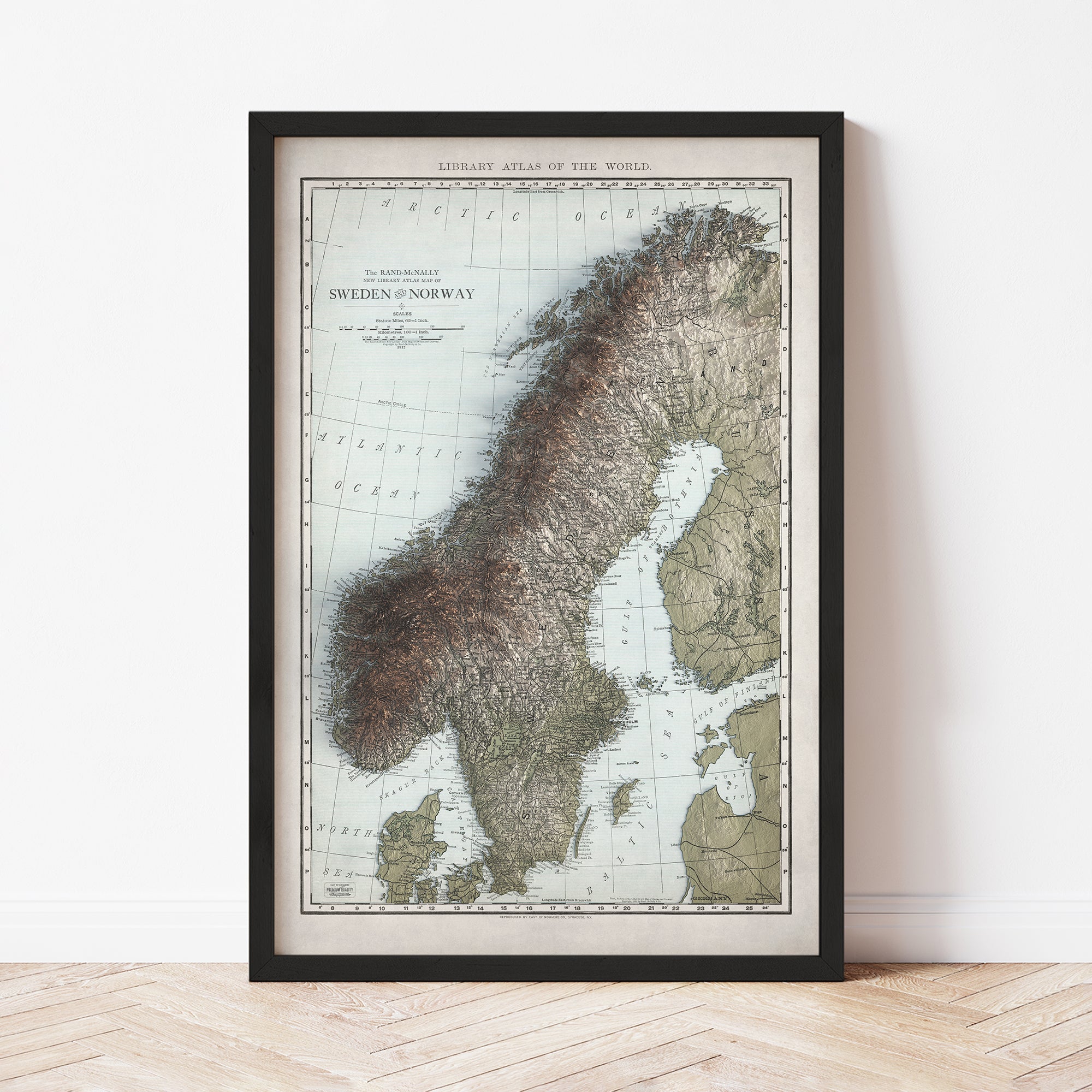 Sweden and Norway - Vintage Shaded Relief Map (1912)