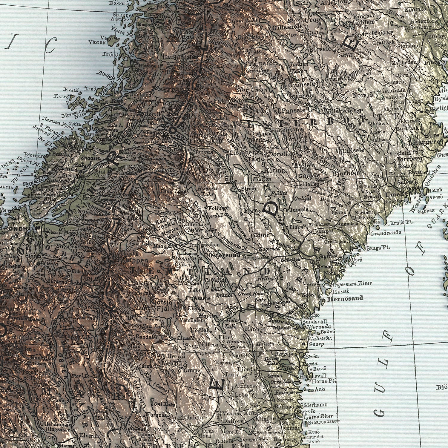 Sweden and Norway - Vintage Shaded Relief Map (1912)