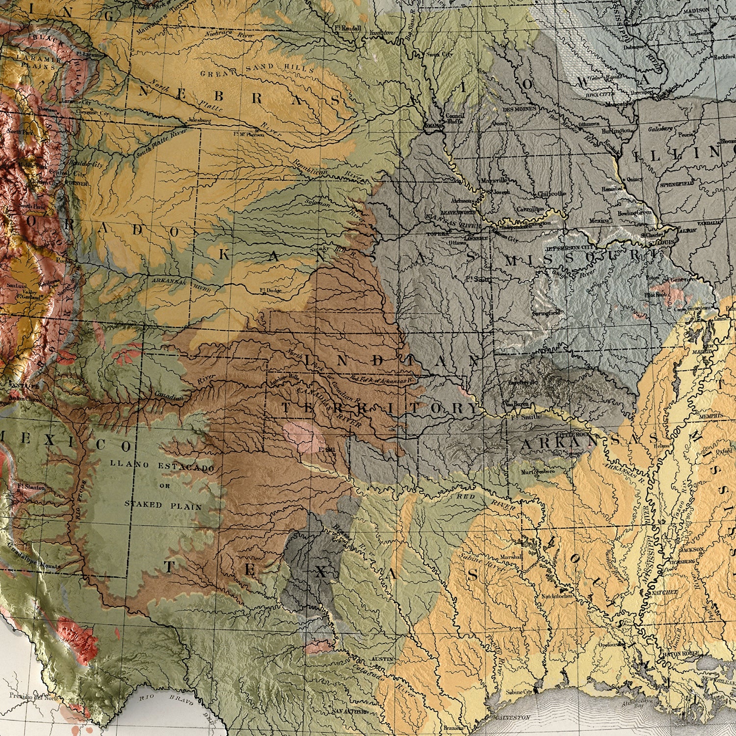 United States - Vintage Shaded Relief Map (1874)