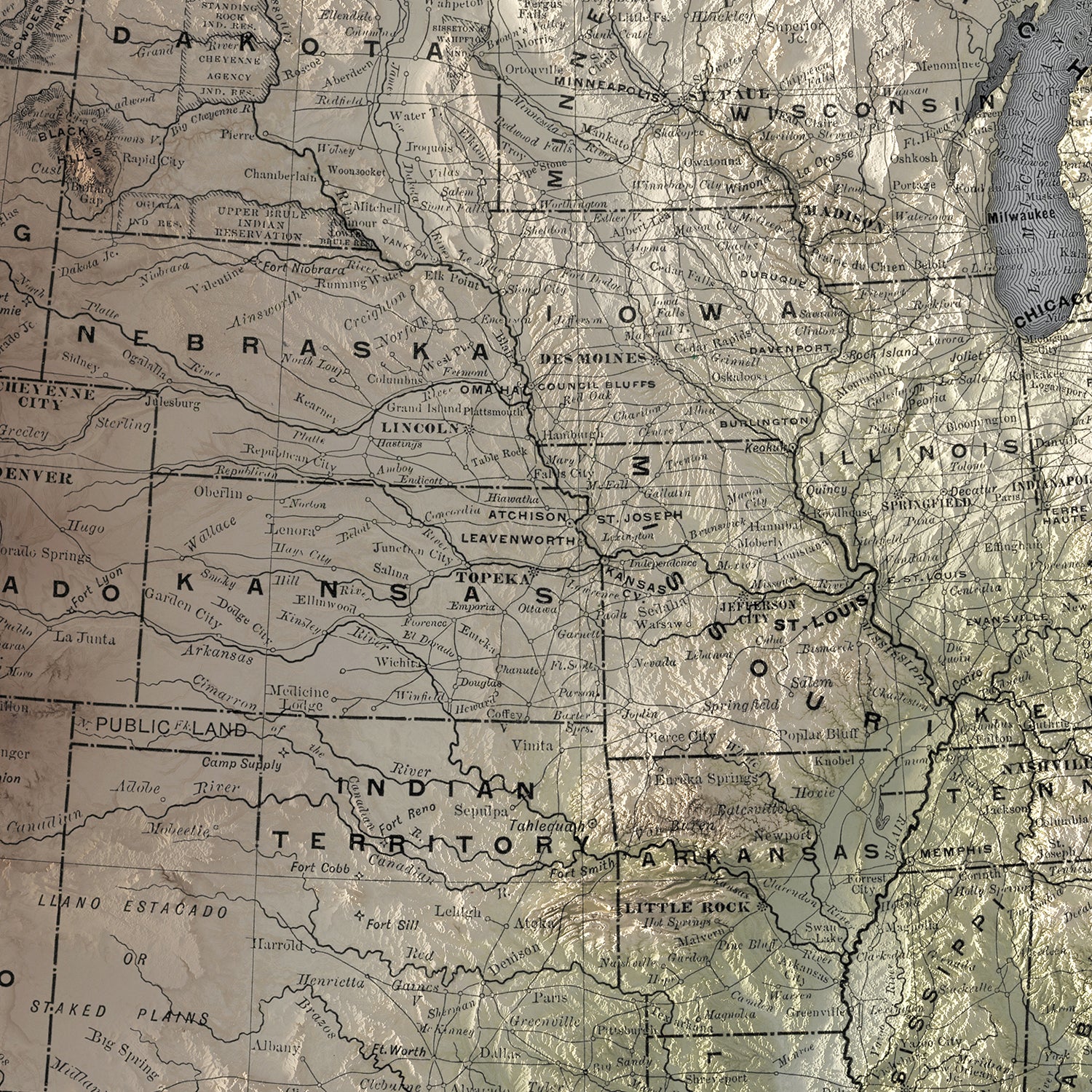 United States - Vintage Shaded Relief Map (1889)